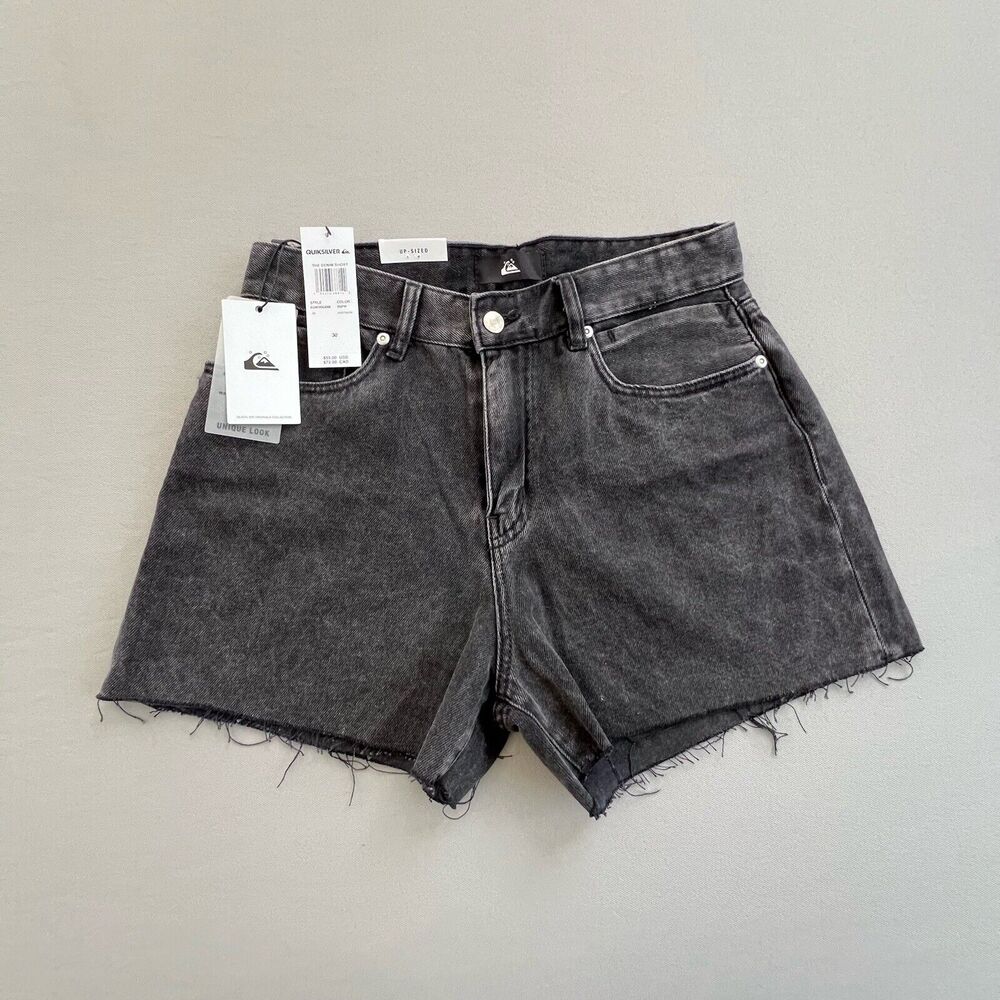 Quiksilver Men Denim Shorts Size 30 Raw Cut-Out Up-Sized Black Vintage Look NEW